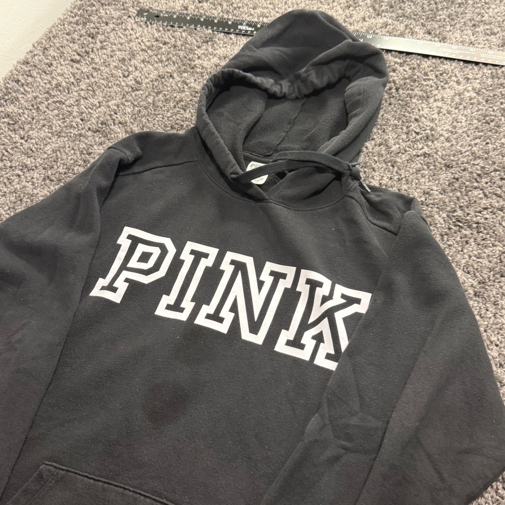 Trendy PINK Victoria's Secret Hoodie Women Black Good Logo Pullover Size M